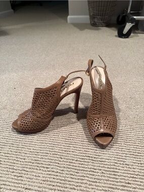 Prada Tan Perforated Peep-Toe Slingback Heels